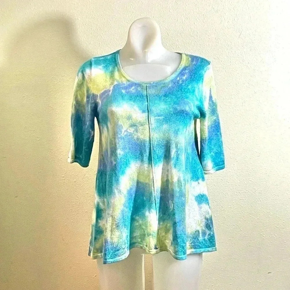 Ponsesa Size S Blue Tie Dyed Knit Sweater Short Sleeve Summer Weight Beach